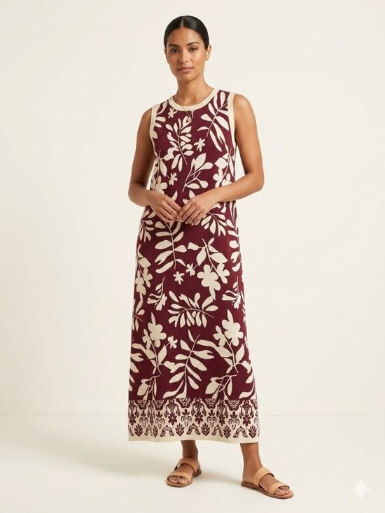 Mundo Mix Dresses & Skirts - Burgundy & White Tropical Print Maxi Dress Sleeveless Summer Dress Size M/L